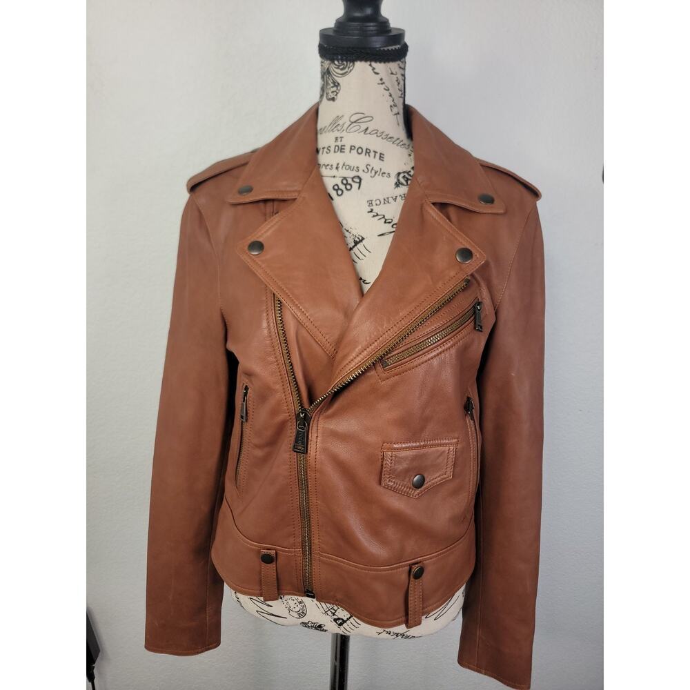 Polo Ralph Lauren Cognac Brown Lamb Leather Moto Jacket Size 2/4 Womens - Picture 2 of 16